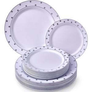 White with Silver Dots Plastic Disposable Plate Combo Set - 10.25" & 7.5" (20 Each Set) - Perfect for Weddings, Parties & Special Events, 20 Servings