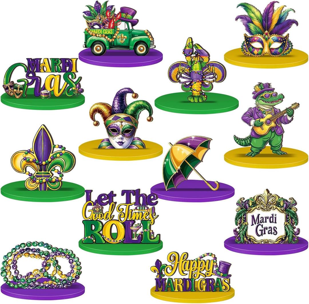 12 Pcs Mardi Gras Decorations Wooden Mardi Gras Table Centerpiece Sign Masquerade Mask Hats Let The Good Times Roll Block Wood Sign for Tabletop Home Shelf Carnival Party Decor