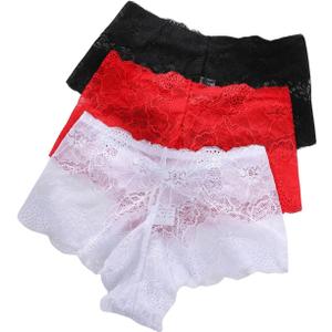 WDIRARA Women's 3 Pack Sexy Floral Lace Mesh Mid Rise Underwear Panty Set (S)