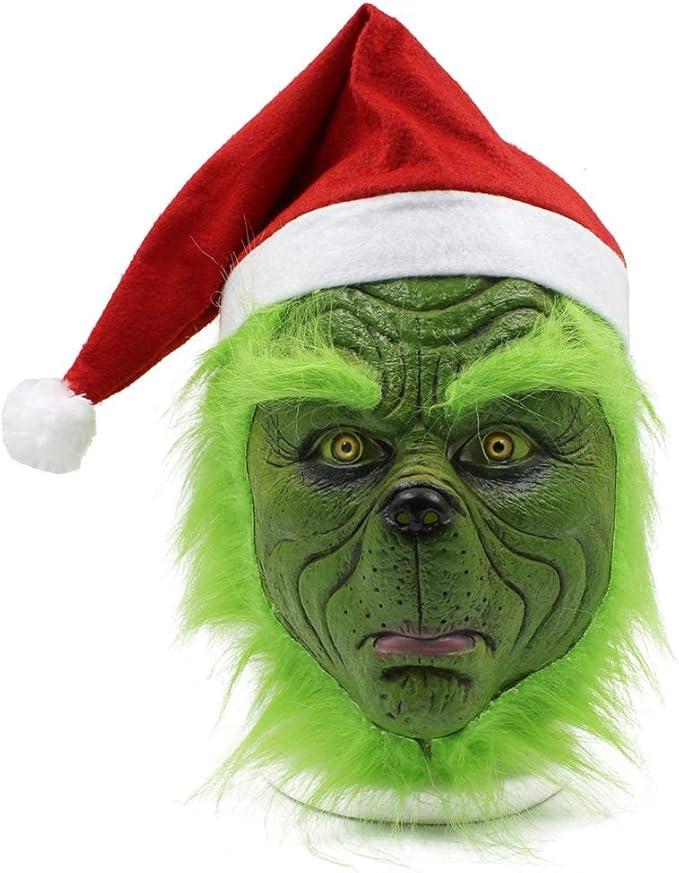CAFELE Christmas Mask with Red Hat Green Monster Halloween Christmas Party Cosplay Costume for Men Women