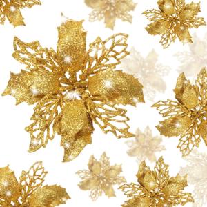 WILLBOND 36 Pieces Gold Christmas Poinsettia Flowers with Clips Glitter Christmas Tree Ornaments for Tree Artificial Poinsettia Flowers for Xmas Trees Wreath New Year Decoration