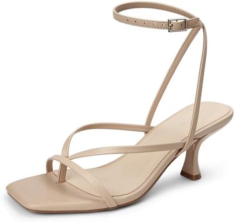 LOOPCHARM Women's Kitten Heel Strappy Open Square Toe Thong Ankle Strap Heels for Wedding 9