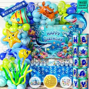 179 PCS Under the Sea Party Decorations  Ocean Themed Baby Shark Birthday Supplies with Balloon Arch Kit, Backdrop, Sea Creatures, Cake Toppers & Tablecloth  Underwater Party Decor for Kids