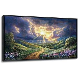 HKDGOKA Large Bedroom Wall Art, Purple Green Landscape Paintings Sun Clouds Mountains Flowers Canvas Pictures Framed Artwork for Living Room Office Kitchen Home Wall Decor 24x48 IN