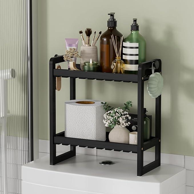 AmazerBath Bamboo Over The Toilet Storage Shelf - 2-Tier Bathroom Organizers and Storage Shelves, 2 in 1 Dual Stable Above Over Toilet Bathrooms Shelf Home Storages Rack for Small Bathroom, Black