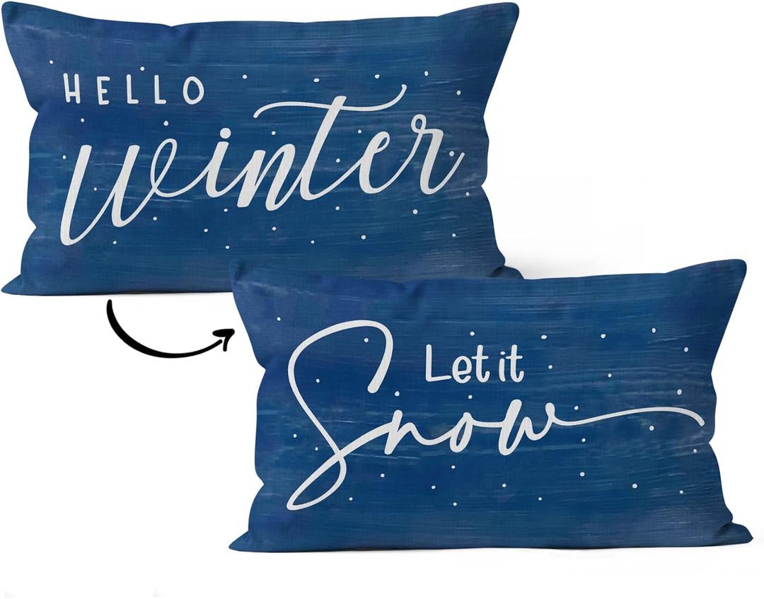 HIWX Christmas Hello Winter Let It Snow Snowman Decorative Pillowcase Throw Pillow Cover, Merry Christmas Farmhouse Winter Holiday For Sofa Bed Room Home Decor 12x20 Inch Reversible Pillow Case (blue)
