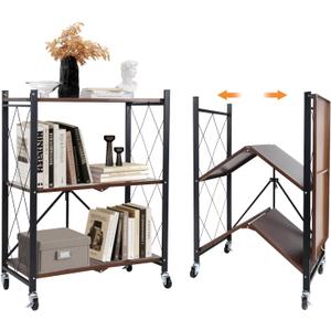 3 Tier Vintage Multifunctional Folding Shelf with Wheels, Portable Heavy Duty Storage Shelving, No-Assembly Folding Bookshelf, Metal Collapsible Rack Unit for Kitchen, Office, Bedroom, Rustic Brown