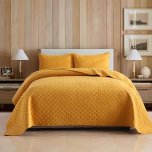 Wistown Cotton King Quilt Bedding Sets, 3 Pieces Reversible Lightweight Coverlets Comforters Bedspreads for All Seasons,Weave Stitching Pattern, Yellow (King (98 by108inch))