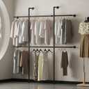 Industrial Pipe Clothing Rack Wall Mount, Black Pipe Clothes Rack with 6 Hanging Rods, Heavy Duty Pipe Clothing Rack for Laundry Room, Closet Systems for Walk in Closets