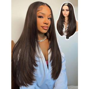 Brown Highlight U Part Wig for Black Women Layered Yaki Straight V Part Wig Synthetic Half Wigs Glueless Realistic Pull and Go Beginner Friendly for Daily Party Use, 24inch,Highlight Brown 