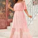 Women's Off The Shoulder Embroidered Lace Maxi Wedding Dress Boho Wedding Guest Formal Party Maternity Photoshoot Dresses (Pink, M)