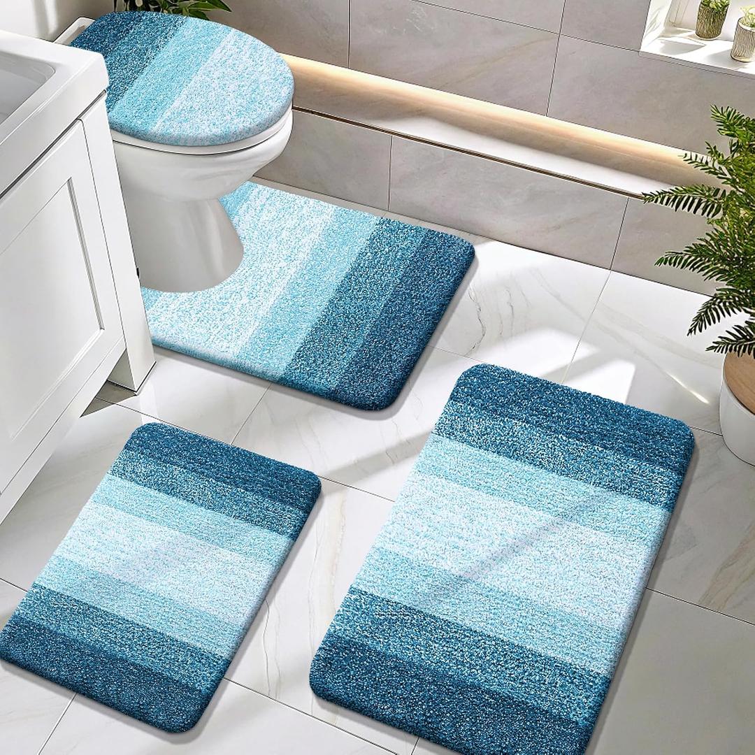 OLANLY Bathroom Rugs Sets 4 piece, Microfiber Absorbent Bath Mat, U-Shaped Contour Toilet Mat and Toilet Lid Cover, Quick Dry, Machine Washable, Toilet Cover and Rug Set for Bathroom, Peacock Blue