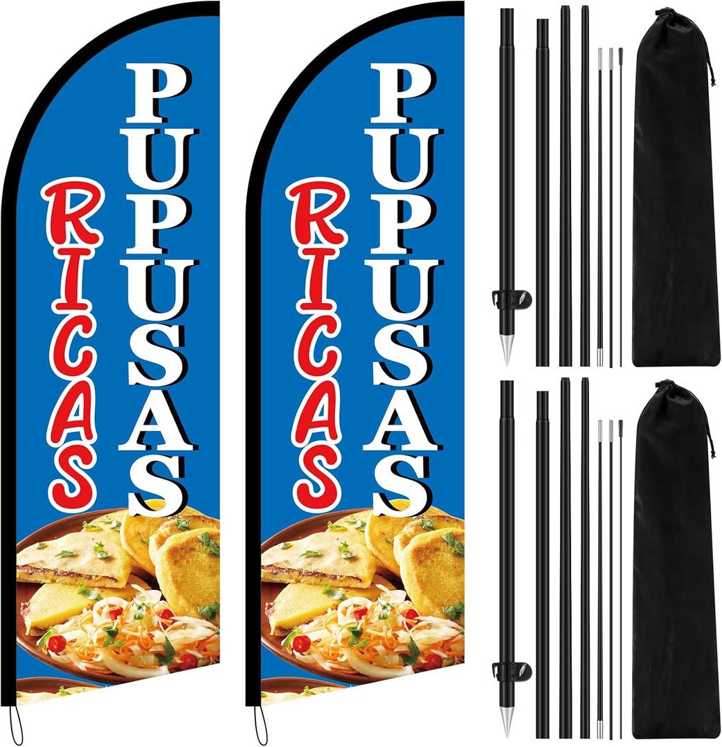 Ricas Pupusas Feather Flags 8.2ft Swooper Flag Sign Advertising Feather Banner with Flag Pole Kit for Storefronts Retailers Shops Food Trucks Events and Fairs
