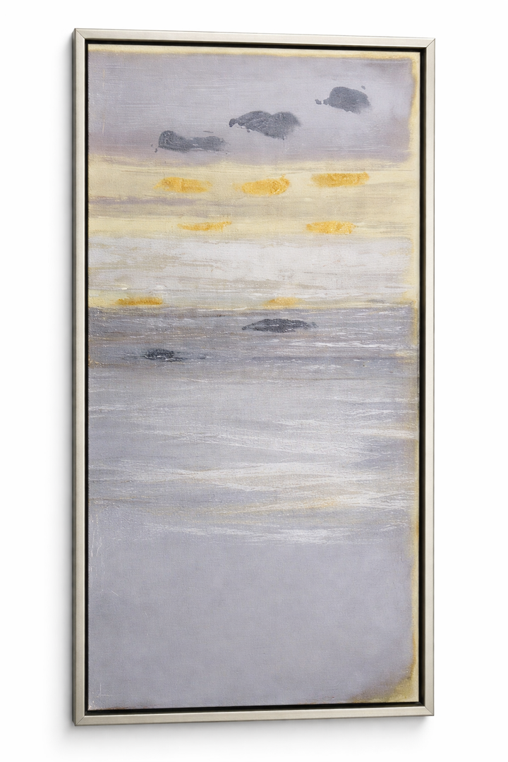 Framed Canvas Print Wall Art Blue Watercolor Landscape with Gold Stripes Geometric Shapes Illustrations Modern Art Contemporary Expressive for Living Room, Bedroom, Office - 20"x36"