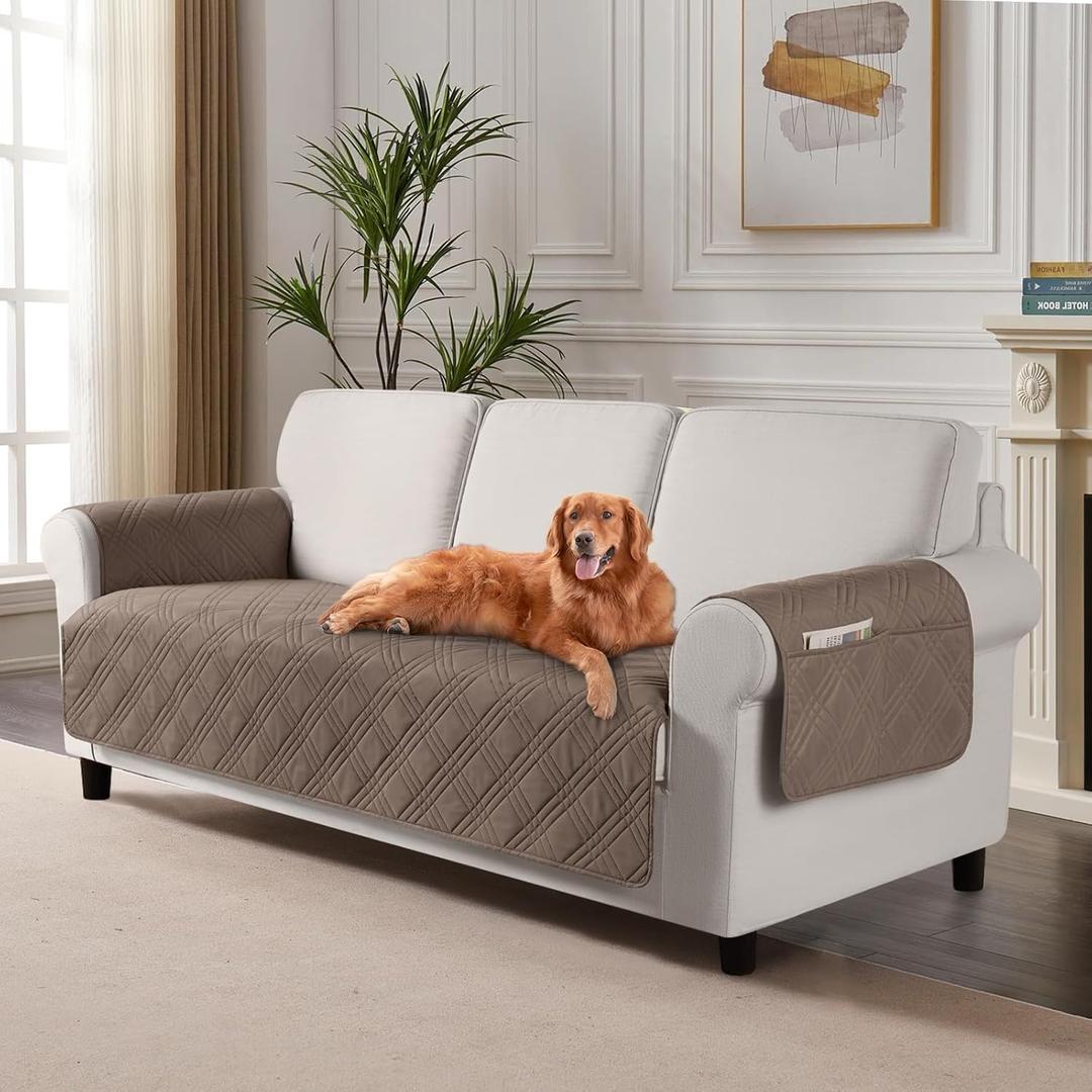 TAOCOCO Waterproof Couch Covers for Pets Dogs with Non Slip Backing, Sofa Seat Covers with Side Pocket for 3 Cushion Couch Washable Dog Couch Cover Protector Sofa Slipcovers(Sofa Plus, Taupe) (Width: 72.4'')