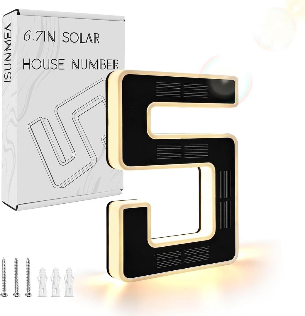 ISUNMEA 6.7 Inch Solar Lighted House Numbers for Outside, Light Up Waterproof LED Address Signs for Houses, Backlit Illuminated Exterior Modern House Numbers Light (5-Black, 6.7IN)