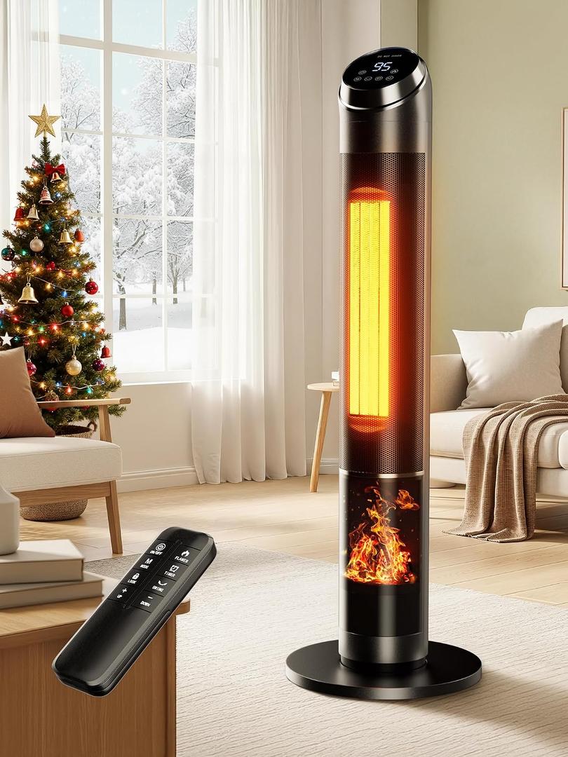 Uthfy 38 Space Heater for Indoor Use, Electric Room Heater with Flame Effect, 120 Oscillation, 24H Timer, Remote Control, Thermostat & ECO Mode, Tip-over & Overheat Protection for Large Rooms