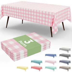 Smiry 3 Pack Pink Gingham Disposable Tablecloths - 54" x 108" Heavy Duty Plastic Table Cloth, Waterproof Buffalo Plaid Table Covers for Picnic, Banquets, Outdoor Parties (Pink and White)