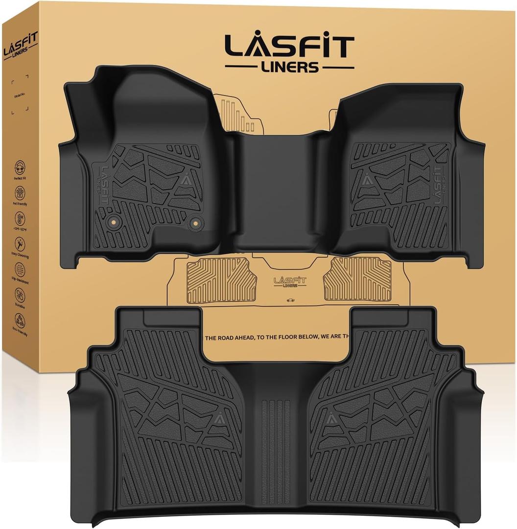LASFIT Floor Mats 2019-2026 for Chevy Silverado/GMC Sierra 1500, 2020-2026 2500HD 3500HD, Crew Cab Only/Bench Seat (Only Fit with Rear Under-Seat Storage, But Not Fit 2nd Row Plastic Storage)