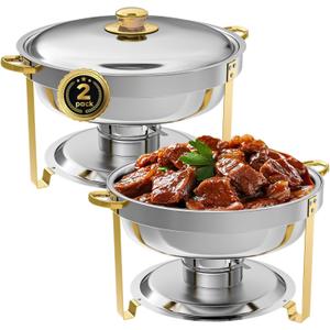 IMACONE Chafing Dish Buffet Set of 2, 5QT Round Stainless Steel Chafer for Catering, Upgraded Chafers and Buffet Warmer Sets with Food & Water Pan, Gold Frame, Fuel Holder for Party Wedding Holiday