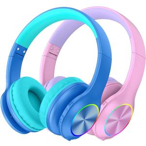 2024 Bluetcooth Kids Headphones Fit for Aged 321, Colorful LED Lights Comfort Wireless Headphones with Microphone 94dB Volume Limited for School/iPad/PC/TV/Cellphones, Wired & TF Card Mode, Blue,Pink