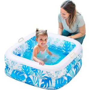 SLOOSH Inflatable Kiddie Pool for Kids, 32"x32"x8.5" Swimming Pool with Soft Pad for Kid & Toddler, Square Blow Up Baby Ball Play Pit Pools for Swim Party, Portable Indoor & Outdoor Water Toys (Blue)