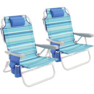 SUNNYFEEL Low Beach Chair 2 Pack, 5-Position Lay Flat Reclining, Backpack Portable Folding Chairs with Cooler Bag & Cup Holder, Heavy Duty 350 LBS, Compact for Beach, Camping, Travel