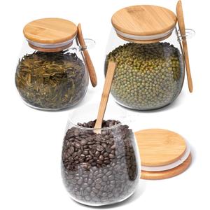 WHOLE HOUSEWARES Glass Jar with Bamboo Lid and Spoon Set of 3-11.83oz, 20.28oz, 33.81oz Capacity - Airtight Food Storage Jars, Apothecary Jars, Cookie Jar - Ideal for Elegant Kitchen Organization