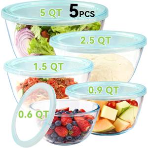 YUANYE 5 Pack Glass Mixing Bowls with Lids Set (5/2.5/1.5/0.9/0.6QT), Thick Glass Large Salad Bowl Set, Nesting Kitchen Bowls for Serving, Prepping, Cooking and Baking, Dishwasher,Oven,Microwave Safe