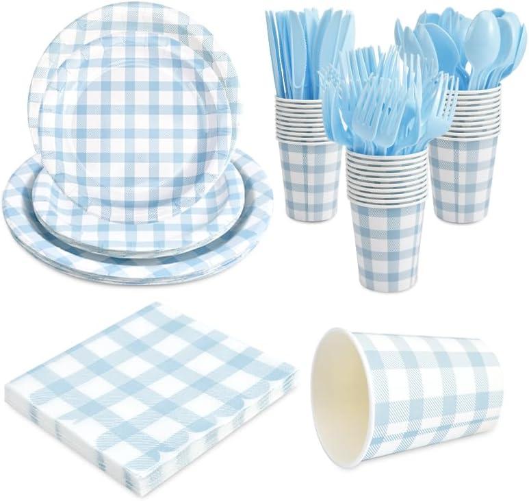 168Pcs Gingham Party Supplies for 24 Guests Thick Paper Plates and Napkins Knives Spoons Forks Cups Disposable Party Set Cutlery for Dinner Baby Shower Wedding Favor(Blue)