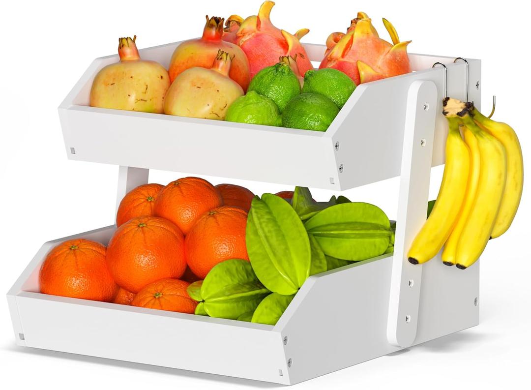 Gmtsl Bamboo Fruit Basket for Kitchen - 2 Tier Fruit Bowl, Large Holder With Banana Hangers, Idea For Vegetable Storage, Bread Display, Snack Organizer (White)