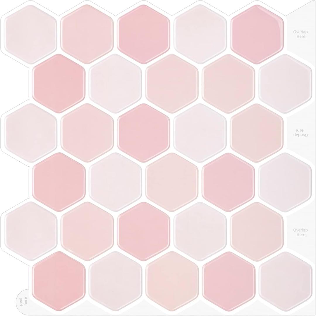 Hexagon Tiles Peel and Stick Backsplash for Kitchen, 10-Sheet Stick on Tiles Kitchen Backsplash, Pink 3D Peel and Stick Wall Tile12''12''
