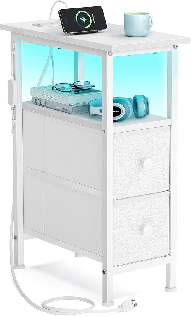 SONGMICS Side Table with LED Light, Narrow End Table with 2 Drawers, Nightstand with Charging Station, Bedside Tables for Small Space, Living Room, Bedroom, Ink Black, BELLAH Collection ULGS002B101, 1 Pack
