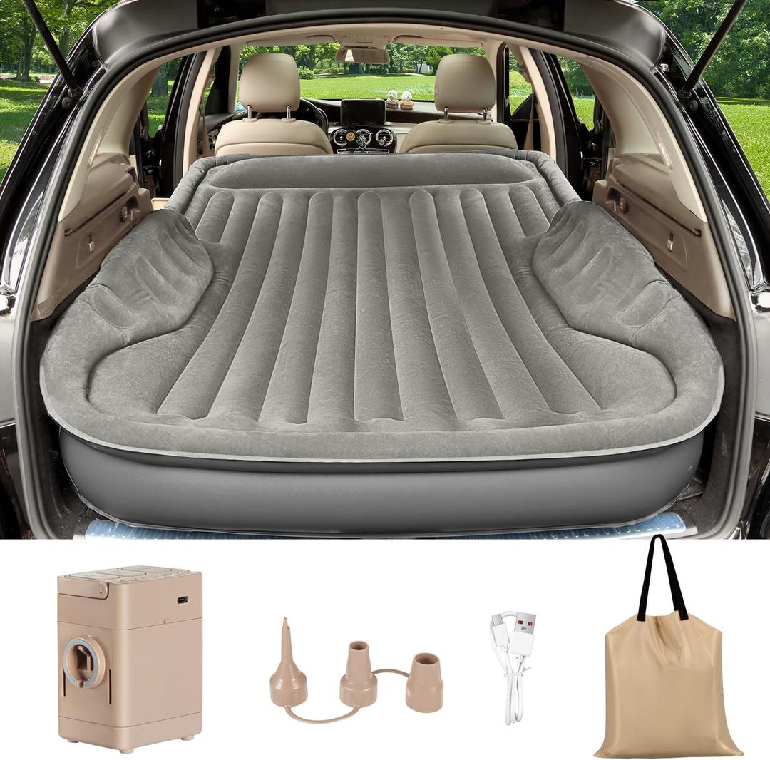 Self-Inflating SUV Air Mattress with Built in Electric Pumpcar air Mattress with Pillow for TrunkPortable car Mattress for Travle and Camping, Light Gray