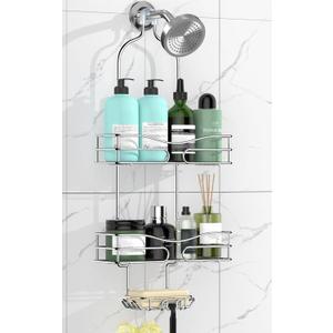 Shower Caddy - Organizer with 6 Hooks, Soap Basket & Self-Adhesive Pad, Silver (Style 1)