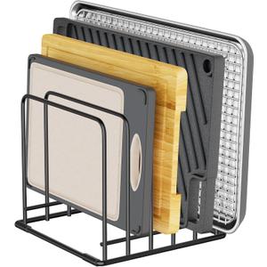Kitchen Organizer Rack - 5-Slot Heavy-Duty Cutting Board and Bakeware Holder, Rust-Resistant with Anti-Slip Feet for Countertop or Cabinet Storage (BLACK - 1 Pack)