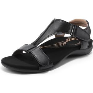 DREAM PAIRS Women's Sandals Arch Support T-Strap Orthopedic Flat Sandals Comfortable Summer Shoes (7, All Black)
