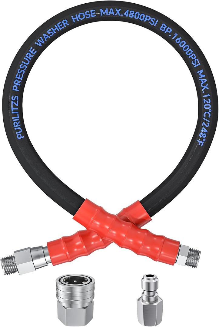 2FT Pressure Washer Whip Hose 3/8'', 4800PSI Jumper Hose Reel Connector Steel Wire Braided with 3/8'' Quick Connect Adapter Set for Power Washing