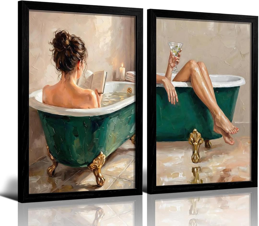 LDXCJXOR Woman in Bathtub Bathroom Wall Art, 2-Pcs Black Framed Canvas Painting, Relaxing Green Tub Wall Decor for Bathroom Powder Room, 12x16 Inch Ready to Hang