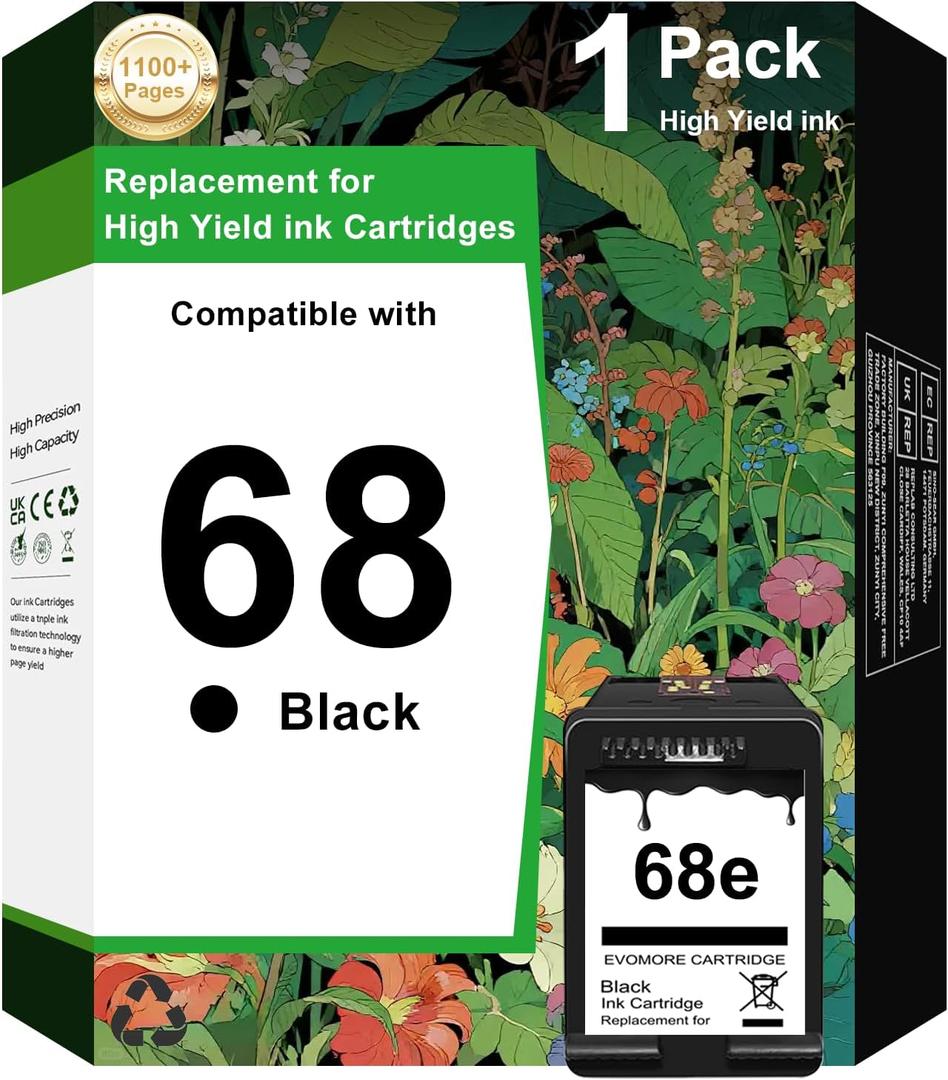 68e Black Ink Cartridge 1 Pack Replacement for HP Ink 68 68e 68XL Black Ink Series Works for Envy 6152e, 6155e, 6552e, 6555e, 6558e Printer 68 Ink (1 Black)