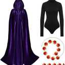 ATENTO Women's Halloween Cosplay Costume Purple Hooded Cloak Cape Long Sleeve Bodysuits with Adjustable Red Gem Waist Belt, L
