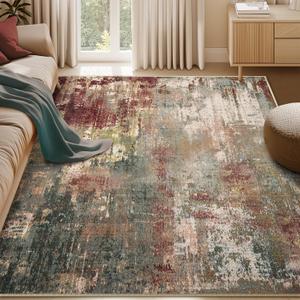 Washable Area Rugs 5'x7' Non-Slip Modern Abstract Soft for Living Room Entryway Bedroom Nursery, Print Pattern, Brown Rust Red Green Blue Multi