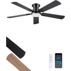 Ceiling Fans with Lights, 52'' Low Profile Ceiling Fan with Light and Remote/APP Control, Dimmable, Qiuet DC Motor, Flush Mount Ceiling Fan for Indoor Bedroom Living Room, Black