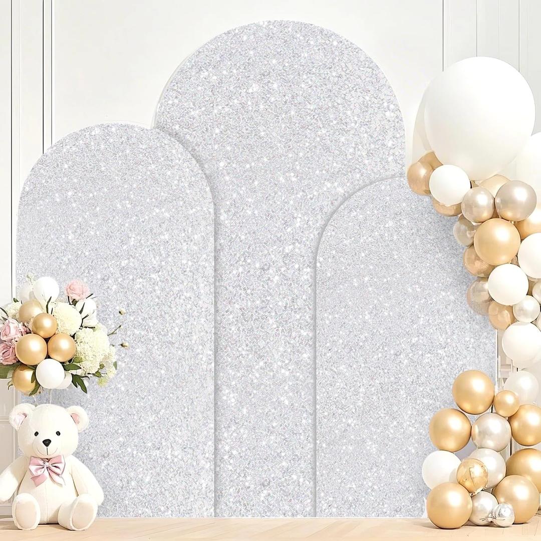 Silver Arch Cover Set of 3 Wedding Arch Stand Covers 6FT 5FT 4FT Sequin Arch Backdrop Cover Glitter Arches Covers Stretchy Backdrop for Baby Shower Bridal Shower Party Decor