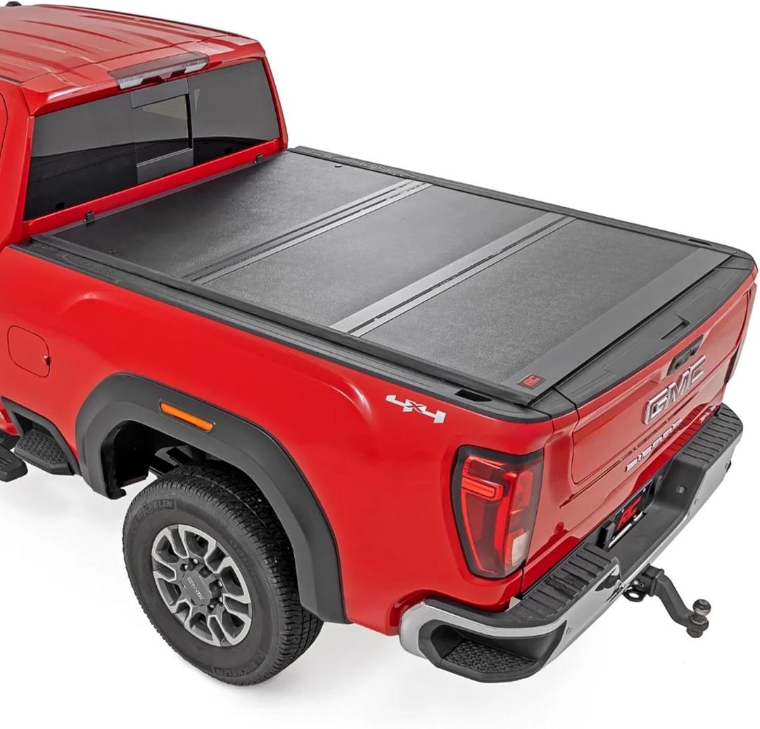 Rough Country Hard Low-Profile Tri-Fold Tonneau Cover for Chevy Silverado & GMC Sierra 2500HD & 3500HD (20202025) - Low-Profile Aluminum Truck Bed Cover, Fits 6'9" Bed w/Rail Caps