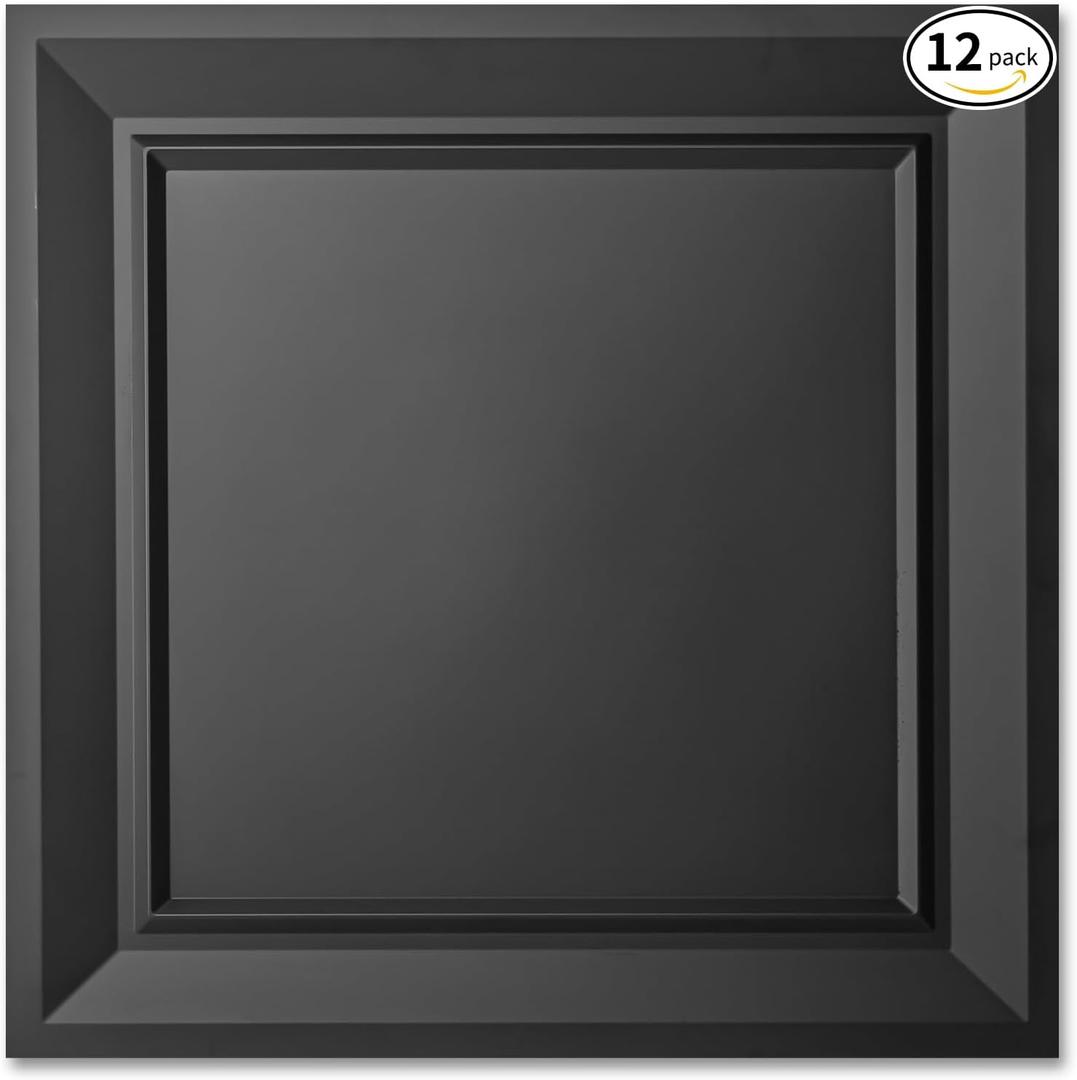 Art3dwallpanels 24 x 24 Drop Ceiling Tiles, 12 Pack Drop in Ceiling System High Grade PVC Wall Panels, Fire Rated, Waterproof, Light Weight, Prevent Breakage, Cover 48 Sq.Ft, Black
