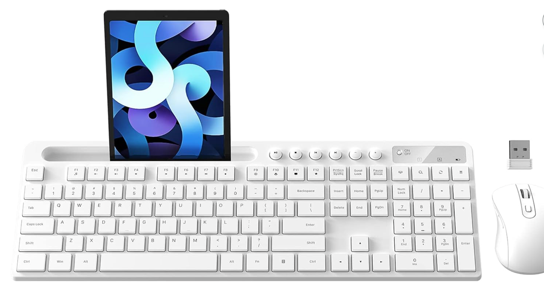 Wireless Keyboard and Mouse Combo, MARVO 2.4G Ergonomic Wireless Computer Keyboard with Phone Tablet Holder, Silent Mouse with 6 Button, Compatible with MacBook, Windows (White)