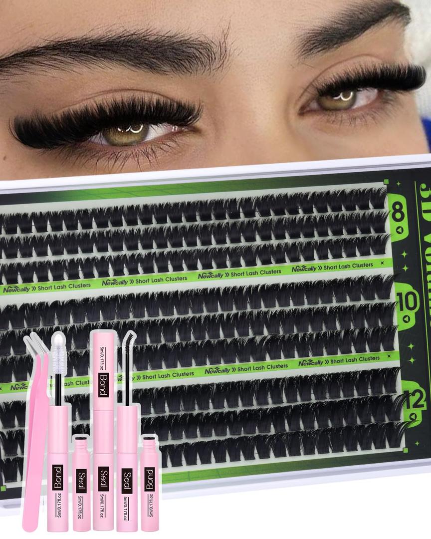 100D Volume Lash Clusters Kit 8-10-12MM Fluffy Eyelash Clusters Short Lash Extension Kit 243 Pcs Thick Clusters Eyelash Extensions D-Curly 3D Look Individual Lashes Kit by Newcally