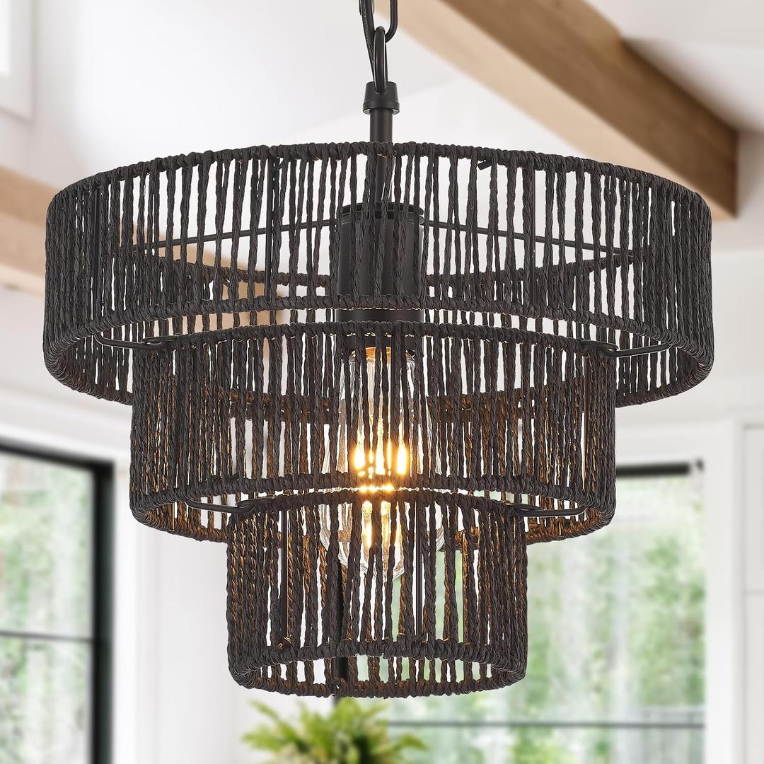 Hand-Woven Rattan Pendant Light Fixture Vintage 12.6" Farmhouse Boho Bamboo Pendant Lighting Small Retro Drum Wicker Rattan Black Pendant Light for Kitchen Island, Bedroom, Dining Room