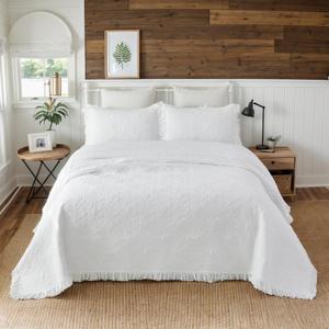 Brandream White Quilts King Size Cotton Paisley Matelasse Coverlet Set Farmhouse Ruffle Bedspreads 3-Piece
